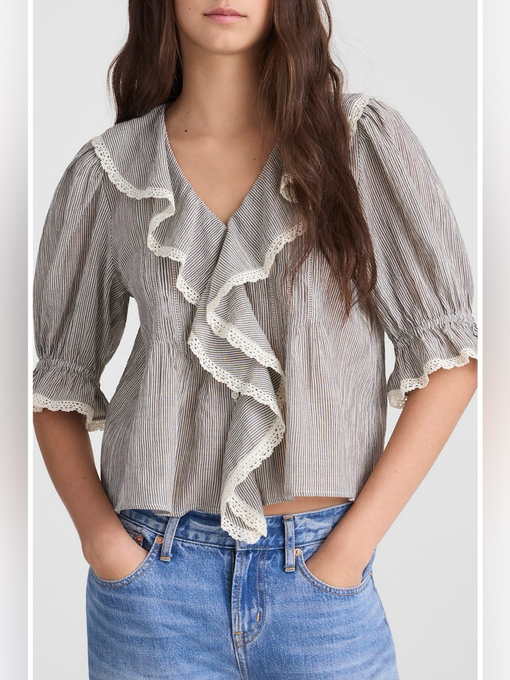 Madewell Ruffled Puff Sleeve Cotton Button Up Shirt Large Stripes V Neck